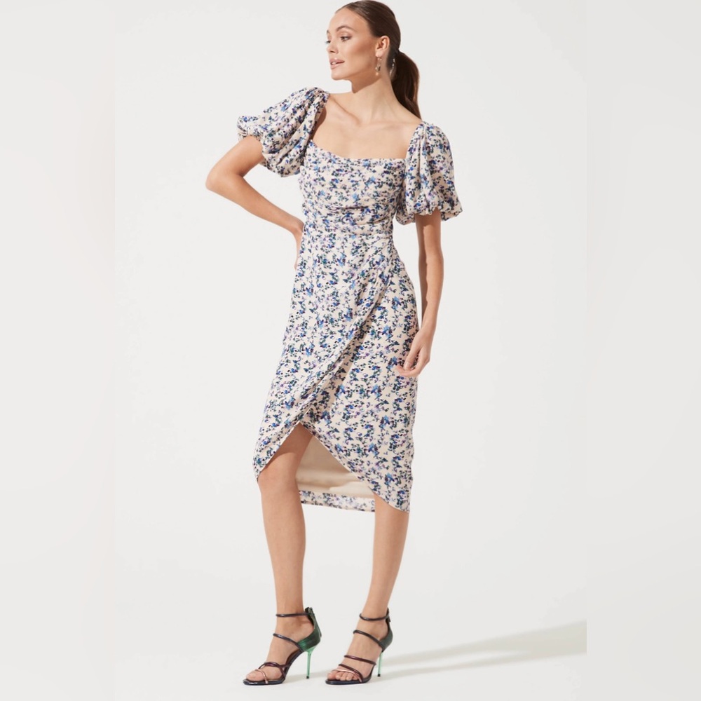 Astr White Floral Midi Dress with Blue & Green Print